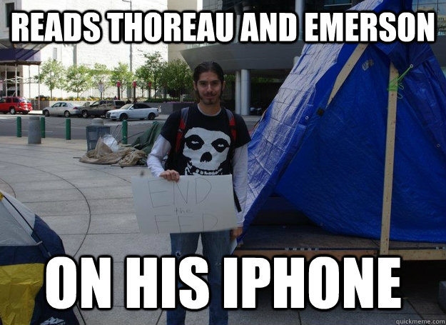 Reads Thoreau and Emerson On his iphone   