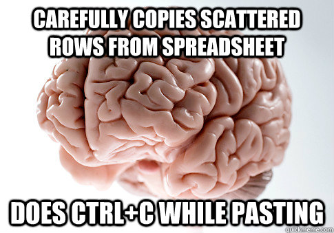 Carefully copies scattered rows from spreadsheet Does Ctrl+C while pasting   Scumbag Brain