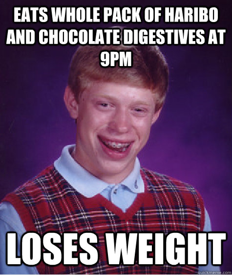 Eats Whole Pack Of haribo and chocolate digestives at 9pm Loses Weight  Bad Luck Brian