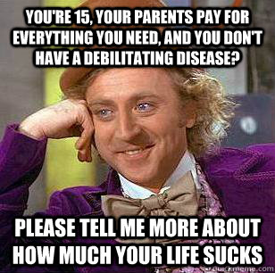 you're 15, your parents pay for everything you need, and you don't have a debilitating disease? please tell me more about how much your life sucks  Condescending Wonka