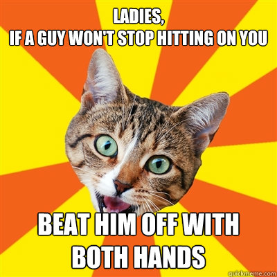 Ladies, 
if a guy won't stop hitting on you Beat him off with both hands  Bad Advice Cat