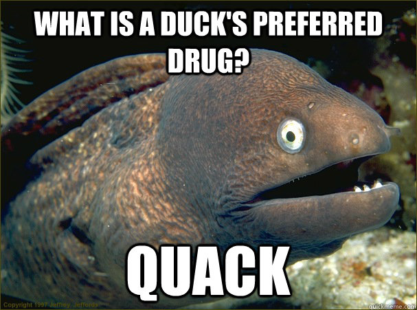 what is a duck's preferred drug? Quack - what is a duck's preferred drug? Quack  Bad Joke Eel