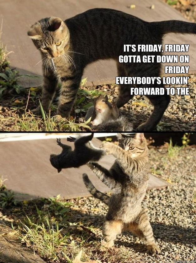 It’s Friday, Friday
Gotta get down on Friday
Everybody’s lookin’
forward to the
weekend, weekend-- - It’s Friday, Friday
Gotta get down on Friday
Everybody’s lookin’
forward to the
weekend, weekend--  Annoying Squirrel