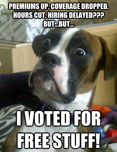 Premiums up, coverage dropped, hours cut, hiring delayed???  But...but... i voted for free stuff!  Baffled boxer