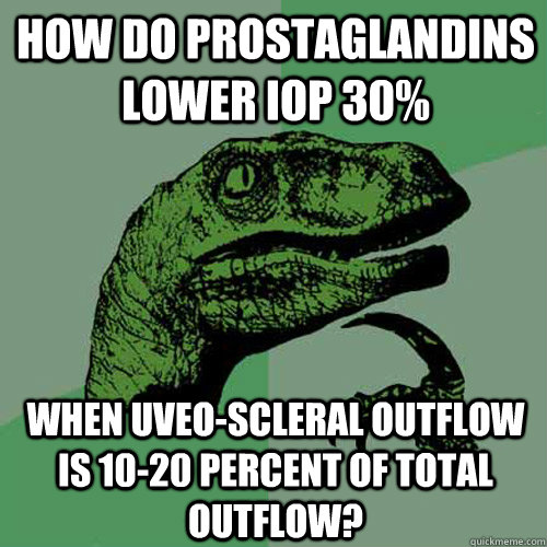 How do prostaglandins lower IOP 30% When Uveo-scleral outflow is 10-20 percent of total outflow? - How do prostaglandins lower IOP 30% When Uveo-scleral outflow is 10-20 percent of total outflow?  Philosoraptor