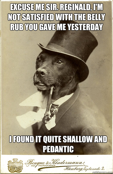 Excuse me sir. Reginald, I'm not satisfied with the belly rub you gave me yesterday I found it quite shallow and pedantic   Old Money Dog