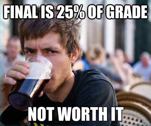 Final is 25% of grade Not worth it - Final is 25% of grade Not worth it  Lazy College Senior