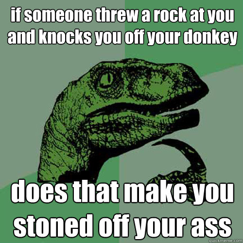 if someone threw a rock at you and knocks you off your donkey does that make you stoned off your ass - if someone threw a rock at you and knocks you off your donkey does that make you stoned off your ass  Philosoraptor