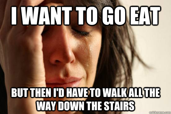 i want to go eat but then i'd have to walk all the way down the stairs  First World Problems