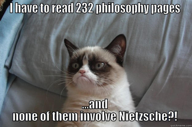 I HAVE TO READ 232 PHILOSOPHY PAGES ...AND NONE OF THEM INVOLVE NIETZSCHE?! Grumpy Cat