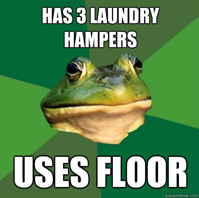 has 3 laundry hampers uses floor  Foul Bachelor Frog