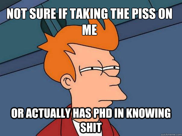 Not sure if taking the piss on me Or actually has phd in knowing shit - Not sure if taking the piss on me Or actually has phd in knowing shit  Futurama Fry