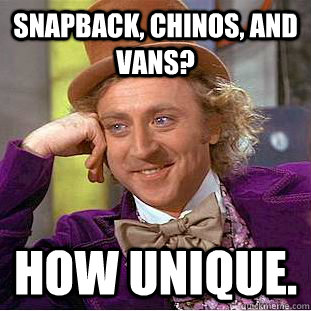 snapback, chinos, and vans? how unique.  Condescending Wonka