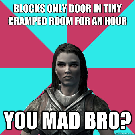 blocks only door in tiny cramped room for an hour you mad bro? - blocks only door in tiny cramped room for an hour you mad bro?  Lydia Skyrim Meme