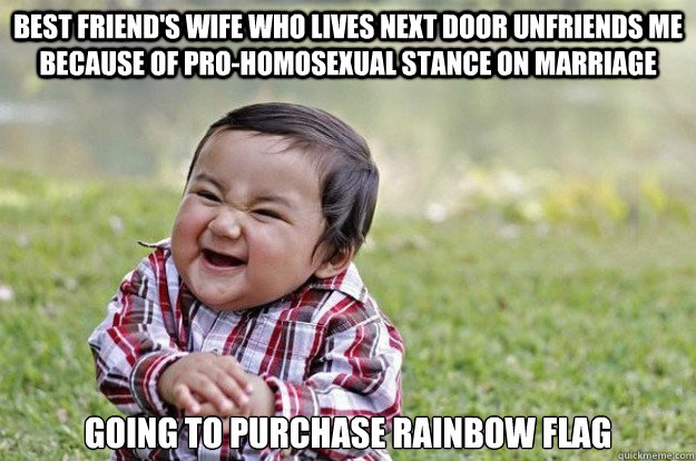 BEST FRIEND'S WIFE WHO LIVES NEXT DOOR UNFRIENDS ME BECAUSE OF PRO-HOMOSEXUAL STANCE ON MARRIAGE  GOING TO PURCHASE RAINBOW FLAG - BEST FRIEND'S WIFE WHO LIVES NEXT DOOR UNFRIENDS ME BECAUSE OF PRO-HOMOSEXUAL STANCE ON MARRIAGE  GOING TO PURCHASE RAINBOW FLAG  Evil Toddler