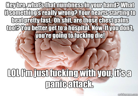 Hey bro, what's that numbness in your hand? What if something's really wrong? Your hearts starting to beat pretty fast.  Oh shit, are those chest pains too!? You better get to a hospital. Now. If you don't, you're going to fucking die! LOL I'm just fuckin - Hey bro, what's that numbness in your hand? What if something's really wrong? Your hearts starting to beat pretty fast.  Oh shit, are those chest pains too!? You better get to a hospital. Now. If you don't, you're going to fucking die! LOL I'm just fuckin  Scumbag Brain