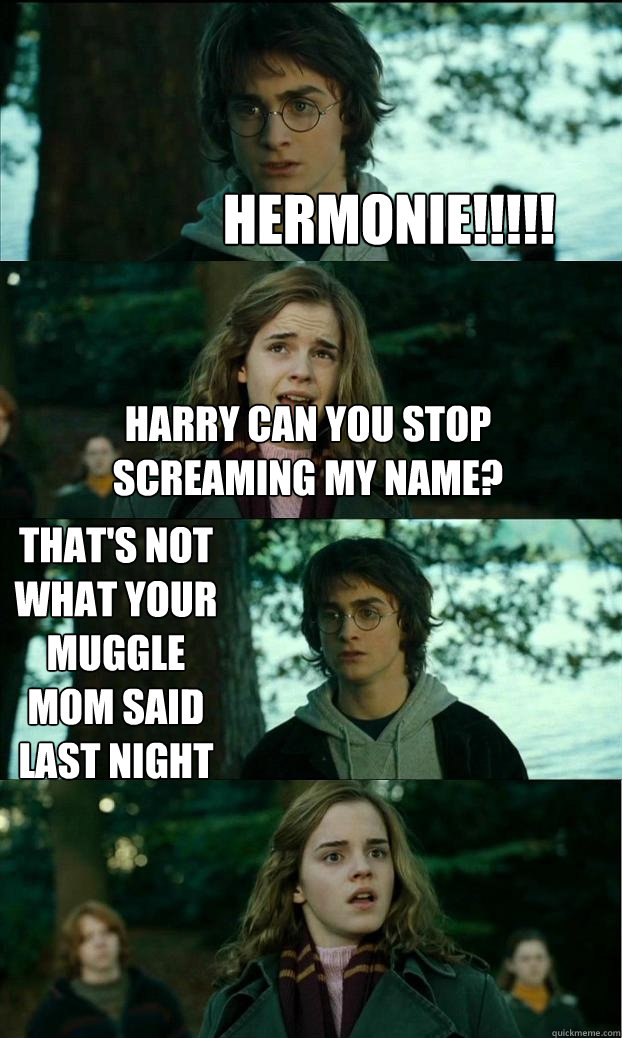 HERMONIE!!!!! harry can you stop screaming my name? That's not what your muggle mom said last night  Horny Harry