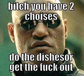 BITCH YOU HAVE 2 CHOISES DO THE DISHESOR GET THE FUCK OUT Matrix Morpheus