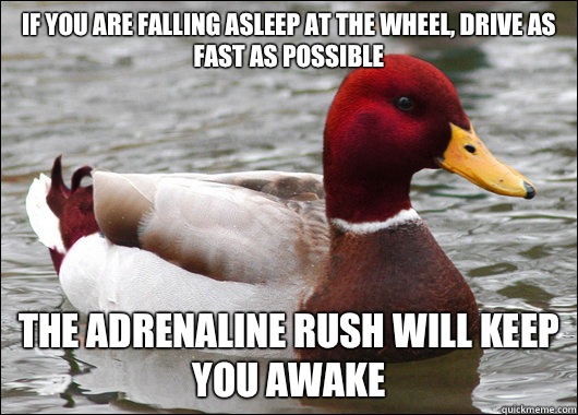 IF YOU ARE FALLING ASLEEP AT THE WHEEL, DRIVE AS FAST AS POSSIBLE
 THE ADRENALINE RUSH WILL KEEP YOU AWAKE - IF YOU ARE FALLING ASLEEP AT THE WHEEL, DRIVE AS FAST AS POSSIBLE
 THE ADRENALINE RUSH WILL KEEP YOU AWAKE  Malicious Advice Mallard