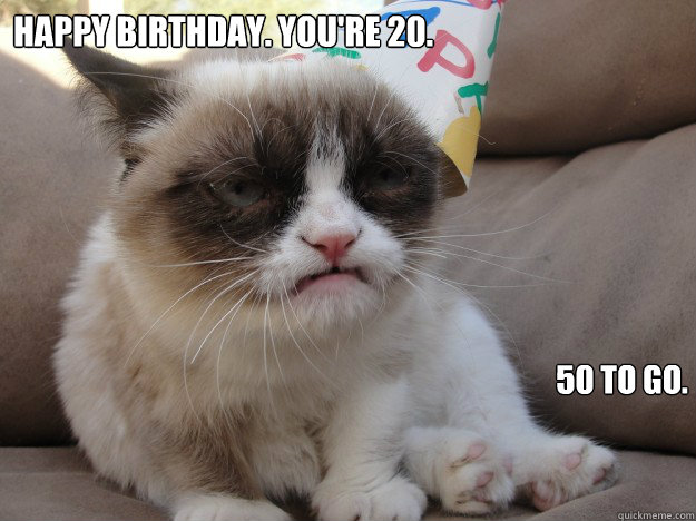 Happy birthday. You're 20.
 50 to go.  grumpycatBD