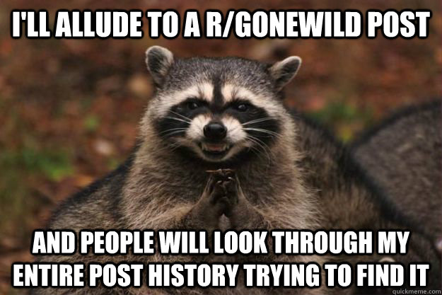 I'll allude to a r/gonewild post and people will look through my entire post history trying to find it - I'll allude to a r/gonewild post and people will look through my entire post history trying to find it  Evil Plotting Raccoon