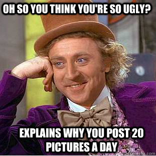 Oh so you think you're so ugly? Explains why you post 20 pictures a day  Condescending Wonka