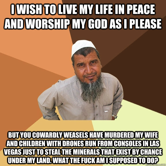 I wish to live my life in peace and worship my god as I please But you cowardly weasels have murdered my wife and children with drones run from consoles in Las Vegas just to steal the minerals that exist by chance under my land. What the fuck am I suppose  Ordinary Muslim Man