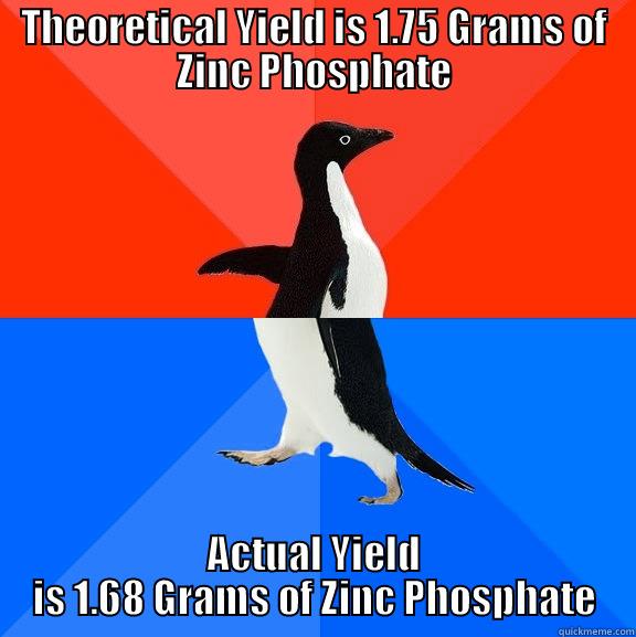 THEORETICAL YIELD IS 1.75 GRAMS OF ZINC PHOSPHATE ACTUAL YIELD IS 1.68 GRAMS OF ZINC PHOSPHATE Socially Awesome Awkward Penguin