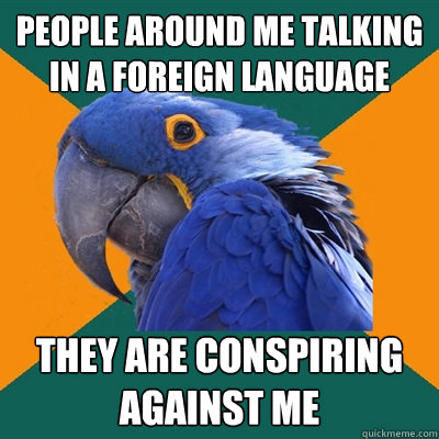 people around me talking in a foreign language they are conspiring against me  Paranoid Parrot