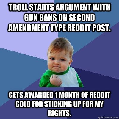 Troll starts argument with Gun Bans on Second Amendment type Reddit Post. Gets awarded 1 Month of Reddit Gold for sticking up for my Rights.  Success Kid