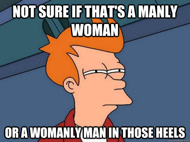 Not sure if that's a manly woman Or a womanly man in those heels  Futurama Fry