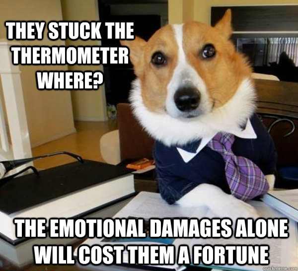 they stuck the thermometer where? the emotional damages alone will cost them a fortune  Lawyer Dog