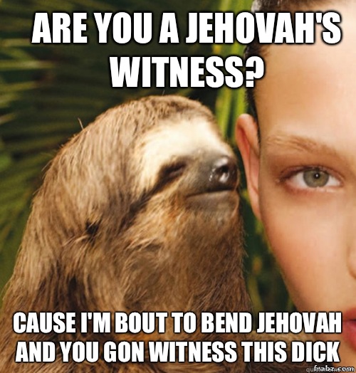 Are you a Jehovah's Witness?  cause I'm bout to bend Jehovah and you gon witness this dick   rape sloth