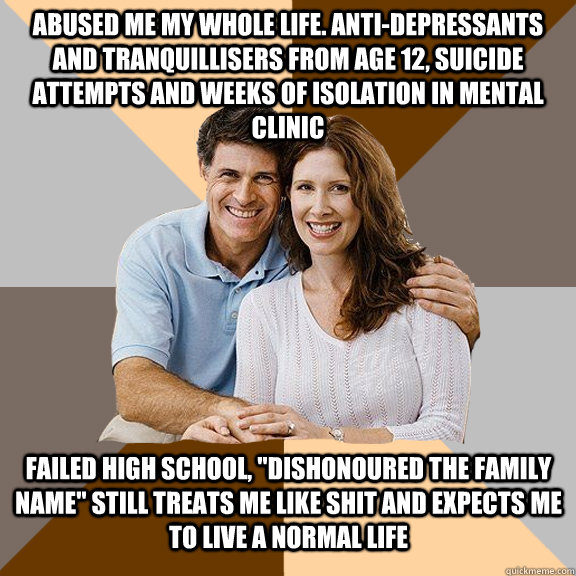 Abused me my whole life. Anti-depressants and tranquillisers from age 12, suicide attempts and weeks of isolation in mental clinic Failed high school, 