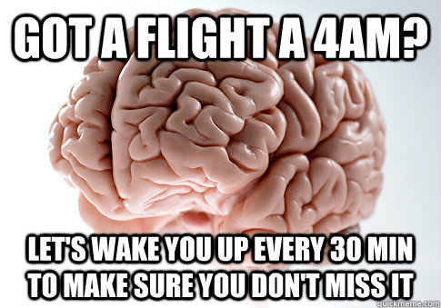 Got a flight a 4am? Let's wake you up every 30 min to make sure you don't miss it - Got a flight a 4am? Let's wake you up every 30 min to make sure you don't miss it  Scumbag Brain