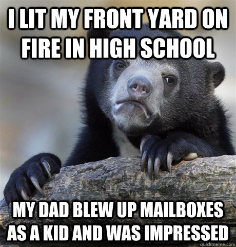 I lit my front yard on fire in high school my dad blew up mailboxes as a kid and was impressed  Confession Bear