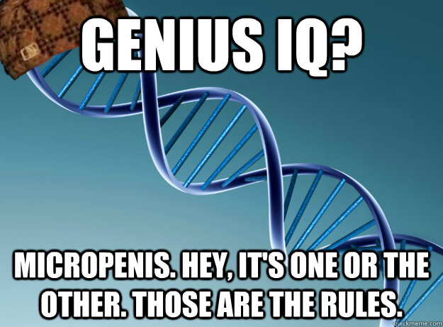 Genius iq? micropenis. Hey, it's one or the other. Those are the rules.  Scumbag Genetics