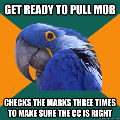 Get ready to pull mob  CHECKS the marks three times to make sure the CC is right  Paranoid Parrot