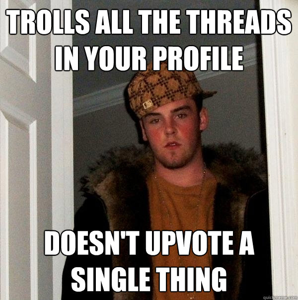 Trolls all the threads in your profile doesn't upvote a single thing  Scumbag Steve