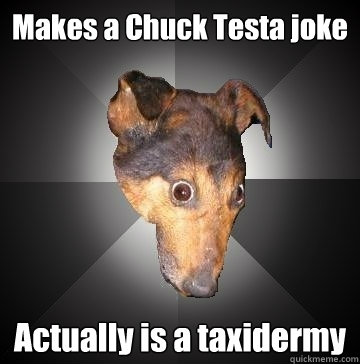 Makes a Chuck Testa joke  Actually is a taxidermy  Depression Dog