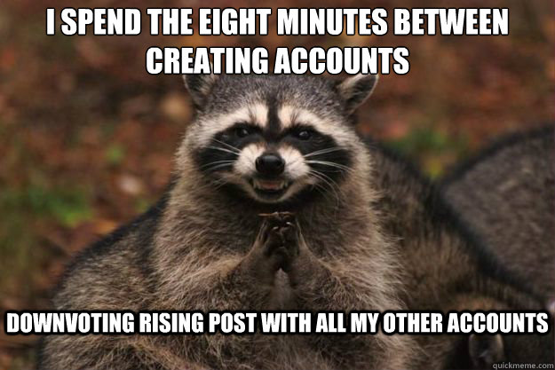 I spend the eight minutes between creating accounts Downvoting rising post with all my other accounts - I spend the eight minutes between creating accounts Downvoting rising post with all my other accounts  Evil Plotting Raccoon