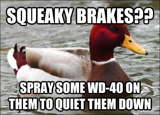 SQUEAKY BRAKES?? SPRAY SOME WD-40 ON THEM TO QUIET THEM DOWN - SQUEAKY BRAKES?? SPRAY SOME WD-40 ON THEM TO QUIET THEM DOWN  Malicious Advice Mallard