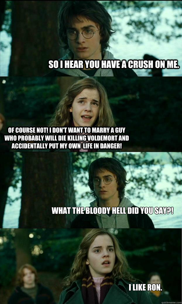 so i hear you have a crush on me. Of course not! I don't want to marry a guy who probably will die killing Voldemort and accidentally put my own  life in danger! What the bloody hell did you say?! I like Ron.  Horny Harry