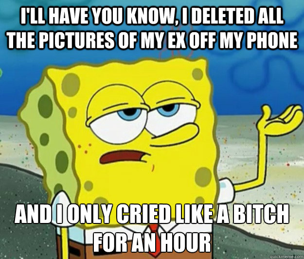 I'll have you know, I deleted all the pictures of my ex off my phone And I only cried like a bitch for an hour - I'll have you know, I deleted all the pictures of my ex off my phone And I only cried like a bitch for an hour  Tough Spongebob