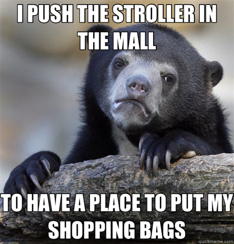 I PUSH THE STROLLER IN THE MALL TO HAVE A PLACE TO PUT MY SHOPPING BAGS  Confession Bear