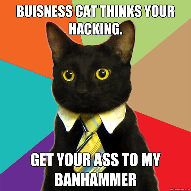 Buisness cat thinks your hacking. Get Your Ass To My Banhammer  Business Cat