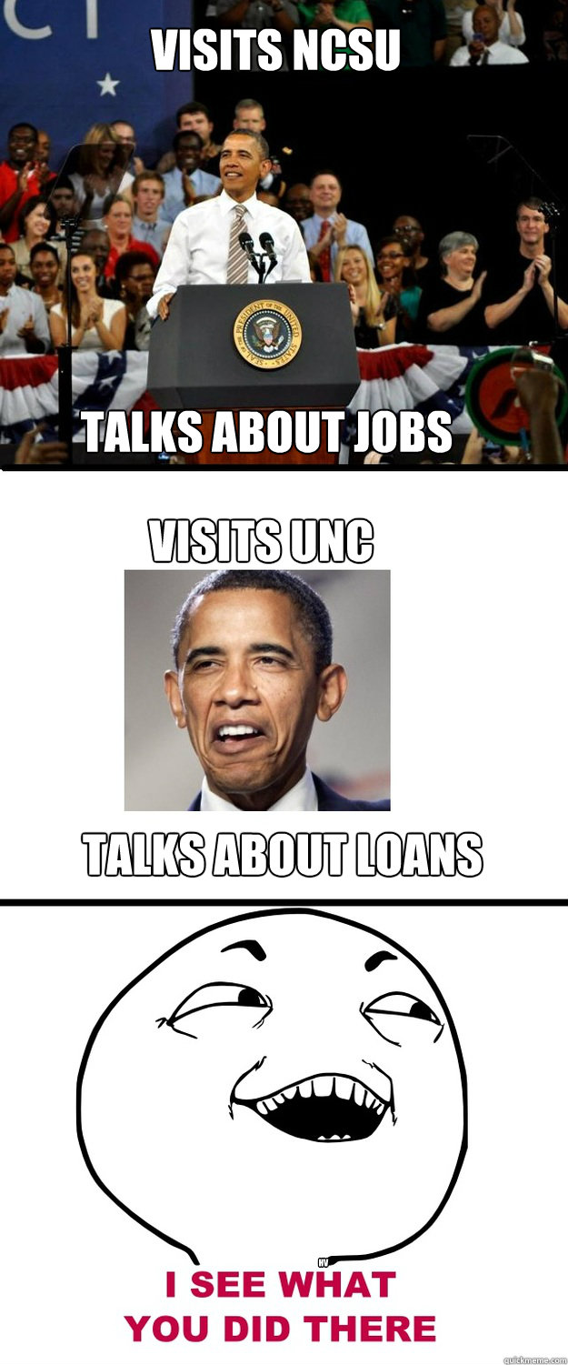 Visits NCSU Talks about Jobs Visits UNC Talks about Loans hv  Obama NCSU vs UNC