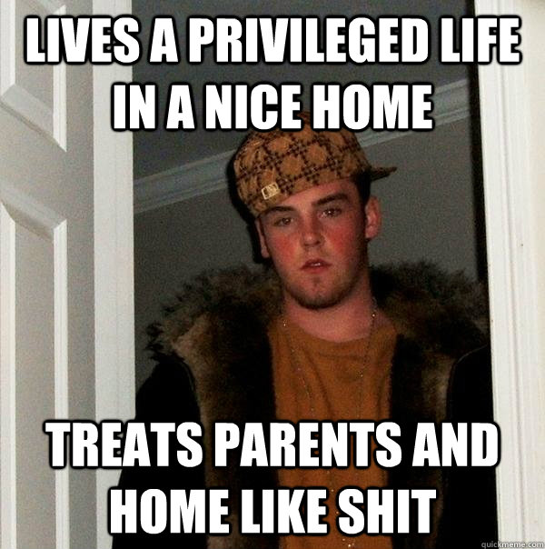 Lives a privileged life in a nice home Treats parents and home like shit  Scumbag Steve