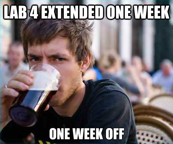 Lab 4 Extended one week One week off - Lab 4 Extended one week One week off  Lazy College Senior