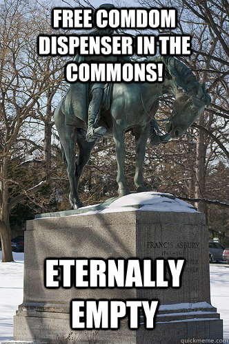 Free comdom dispenser in the commons! Eternally Empty  Drew University Meme
